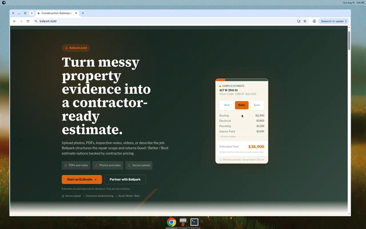Ballpark estimate interface showing a kitchen remodel with Good, Better, and Best pricing tiers.